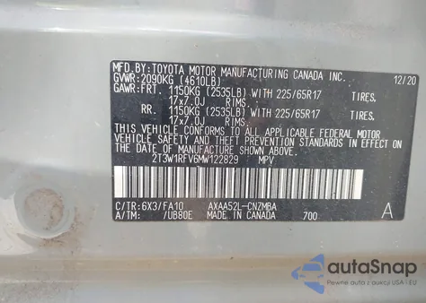 2021 Toyota Rav4 Xle из США, поврежденный, VIN 2T3W1RFV6MW122829